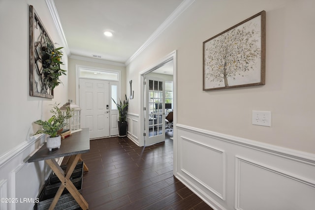 36 Independence Pl, Bluffton, SC 29910 - foyer entrance featuring ornamental molding, a wainscoted wall, a decorative wall, dark wood-type flooring, and recessed lighting