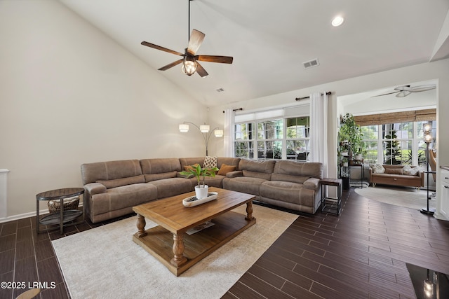 36 Independence Pl, Bluffton, SC 29910 - living room with ceiling fan, dark wood-style floors, recessed lighting, and high vaulted ceiling