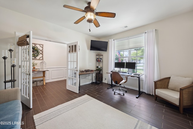 36 Independence Pl, Bluffton, SC 29910 - office space featuring french doors, wood finish floors, a ceiling fan, and wainscoting
