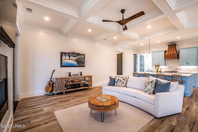 living room featuring coffered ceiling, dark wood-type flooring, and beamed ceiling