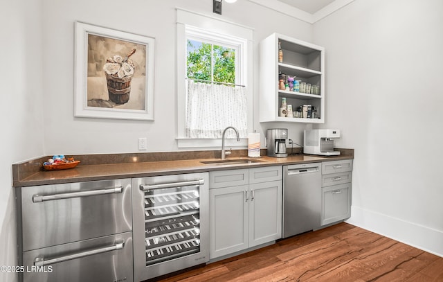 575 Distant Island Dr, Beaufort, SC 29907 - bar area featuring wine cooler, stainless steel dishwasher, wood finished floors, and crown molding