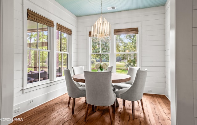 575 Distant Island Dr, Beaufort, SC 29907 - dining area featuring a chandelier, hardwood / wood-style floors, and wooden walls