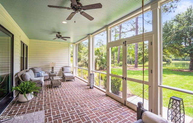 575 Distant Island Dr, Beaufort, SC 29907 - sunroom featuring a ceiling fan, a water view, and outdoor lounge area