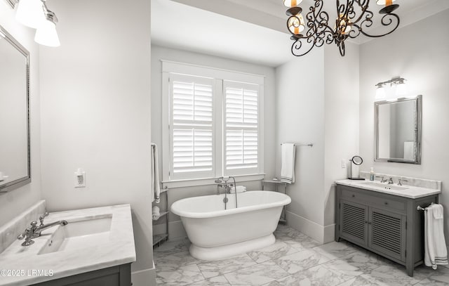 575 Distant Island Dr, Beaufort, SC 29907 - bathroom featuring marble look tile flooring, vanity, a soaking tub, and a chandelier