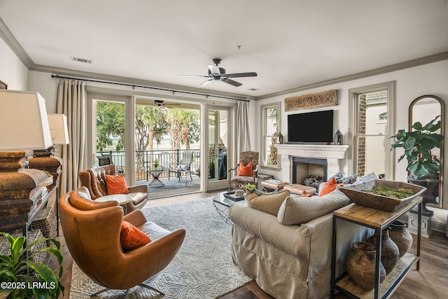 15 Sunset Blvd Unit 1201, Beaufort, SC 29907 - living room featuring ornamental molding, a fireplace, ceiling fan, and wood finished floors