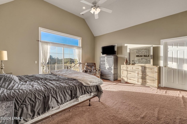 bedroom with lofted ceiling, light carpet, access to outside, and ceiling fan