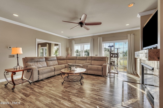 living room featuring ornamental molding, ceiling fan, and light wood-type flooring