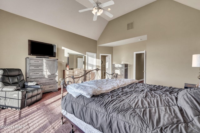 carpeted bedroom featuring vaulted ceiling and ceiling fan