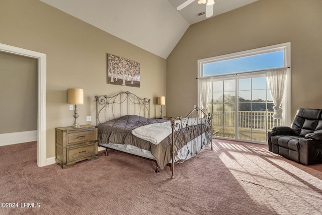 bedroom with ceiling fan, lofted ceiling, access to exterior, and carpet flooring