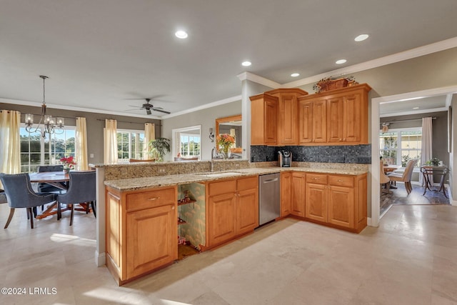 kitchen featuring pendant lighting, sink, backsplash, ornamental molding, and kitchen peninsula