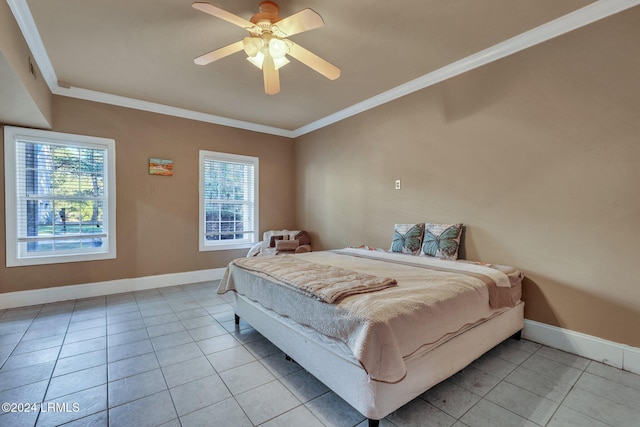 bedroom with light tile patterned flooring, ceiling fan, ornamental molding, and multiple windows