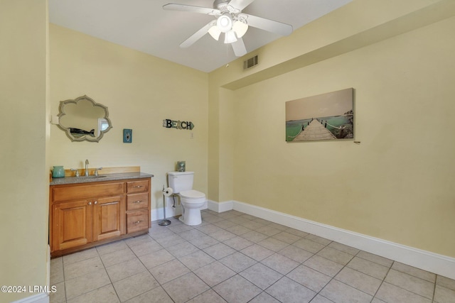 bathroom with vanity, ceiling fan, tile patterned floors, and toilet