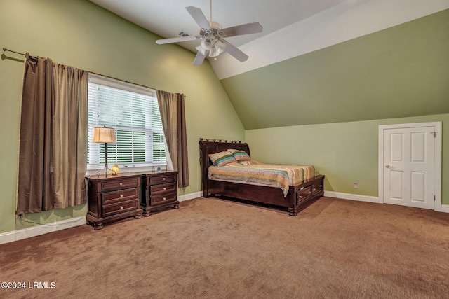 carpeted bedroom featuring vaulted ceiling and ceiling fan