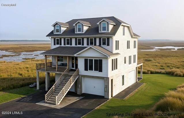 view of front of property with stairway, covered porch, a front lawn, a garage, and aphalt driveway