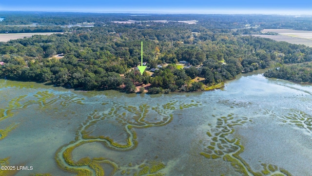 birds eye view of property featuring a wooded view and a water view