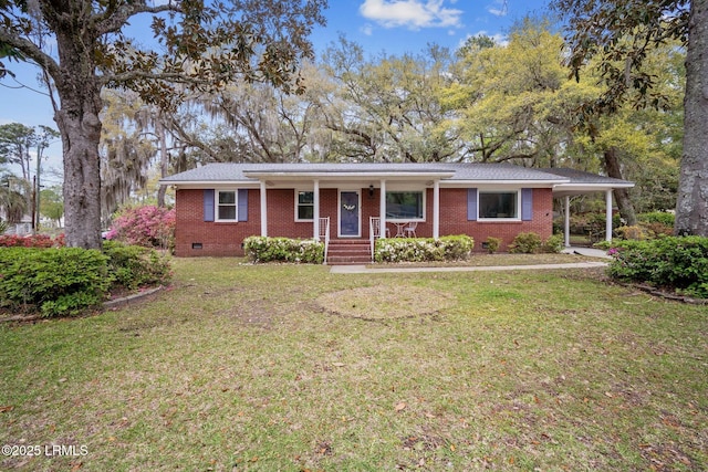 single story home with a porch, a front yard, crawl space, and brick siding