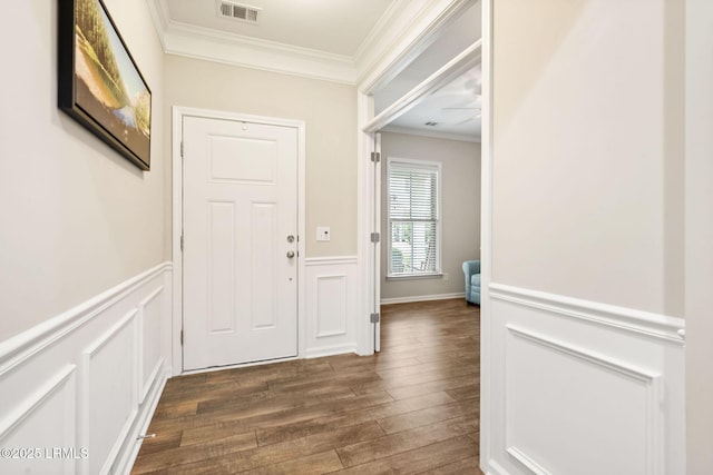 21 Heathrow Ave, Bluffton, SC 29910 - hallway with ornamental molding, wood finished floors, wainscoting, and a decorative wall
