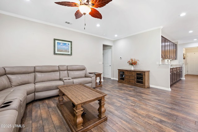21 Heathrow Ave, Bluffton, SC 29910 - living area with a ceiling fan, ornamental molding, recessed lighting, and dark wood-style floors