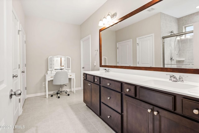 21 Heathrow Ave, Bluffton, SC 29910 - full bathroom featuring a stall shower, double vanity, and tile patterned flooring