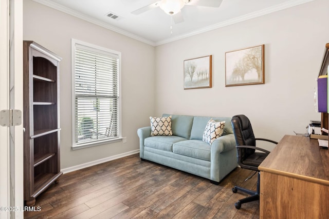 21 Heathrow Ave, Bluffton, SC 29910 - office featuring ceiling fan, crown molding, and dark wood-type flooring