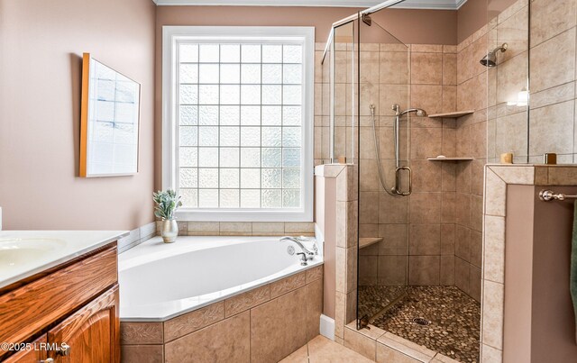 bathroom featuring vanity, plus walk in shower, and a healthy amount of sunlight