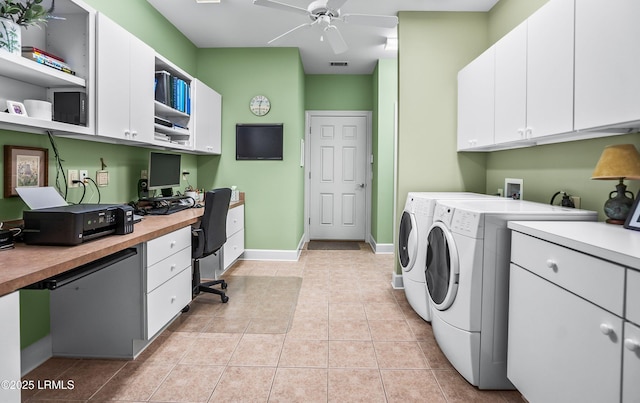 laundry area featuring ceiling fan, light tile patterned floors, and independent washer and dryer