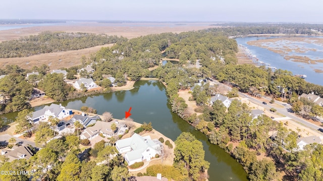 drone / aerial view featuring a water view