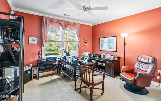 office with crown molding, carpet floors, and ceiling fan