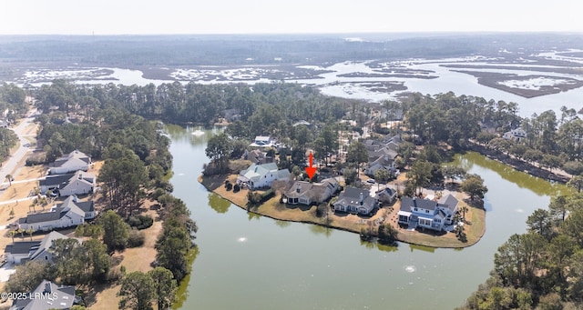 drone / aerial view featuring a water view