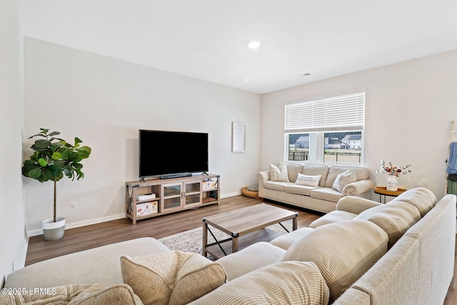 living room with dark hardwood / wood-style floors