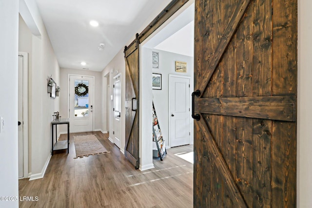 entryway featuring wood-type flooring and a barn door