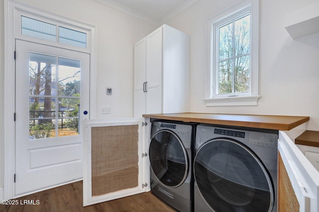 laundry room featuring separate washer and dryer, dark wood-type flooring, and a wealth of natural light