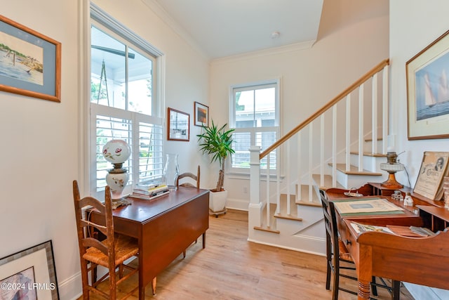 office area with ornamental molding and light hardwood / wood-style flooring