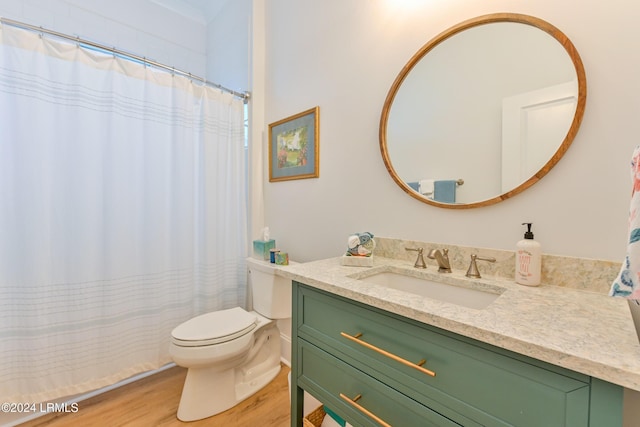 bathroom with vanity, wood-type flooring, and toilet