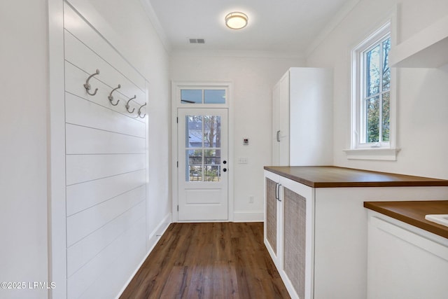 doorway to outside featuring crown molding and dark hardwood / wood-style floors