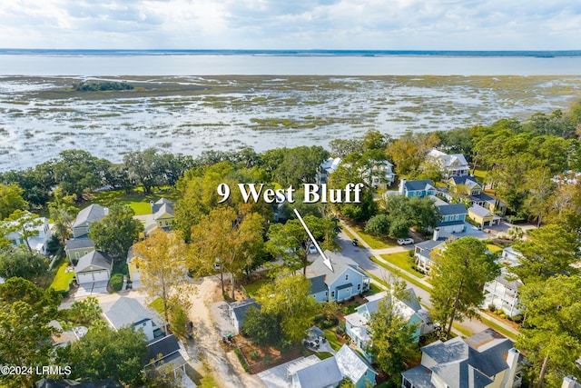 drone / aerial view featuring a water view