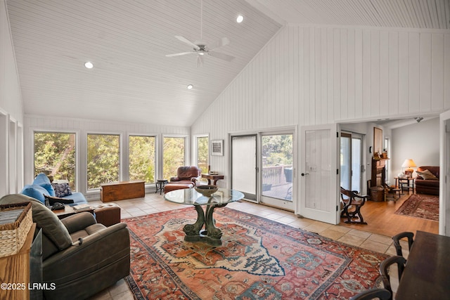 905 Gull Cv, Fripp Island, SC 29920 - living room with high vaulted ceiling, light tile patterned floors, plenty of natural light, ceiling fan, and recessed lighting