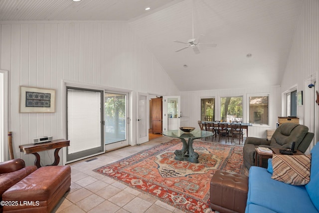 905 Gull Cv, Fripp Island, SC 29920 - living area featuring high vaulted ceiling, ceiling fan, and light tile patterned flooring
