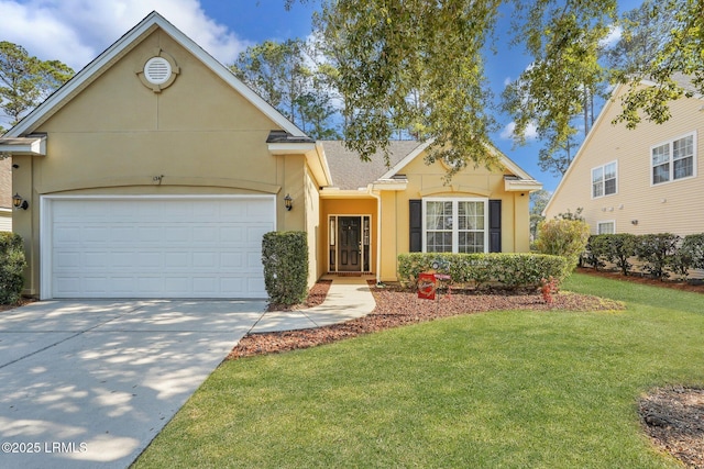 view of front of home featuring a garage, a front lawn, concrete driveway, and stucco siding