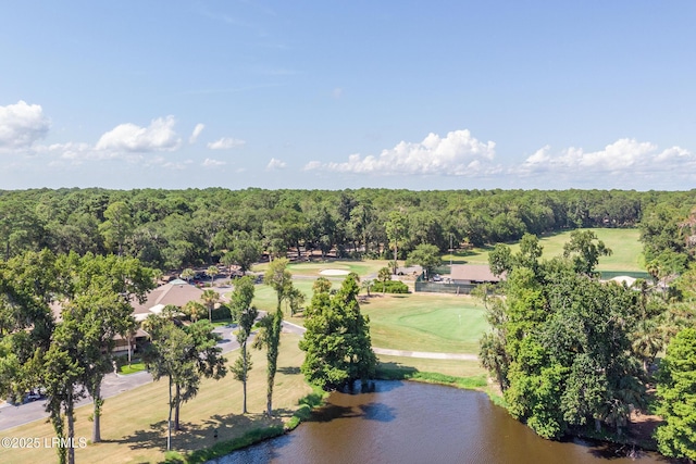 aerial view featuring a water view, a wooded view, and golf course view