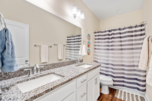 bathroom with a sink, toilet, wood finished floors, and double vanity