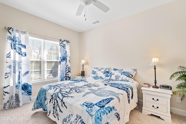 bedroom featuring visible vents, ceiling fan, baseboards, and carpet