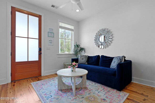 142 President St, Charleston, SC 29403 - living room featuring wood finished floors, baseboards, ceiling fan, and recessed lighting