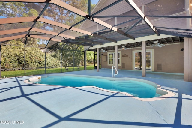 1812 Dolphin Row Dr, Beaufort, SC 29906 - outdoor pool with a ceiling fan, a patio, and glass enclosure