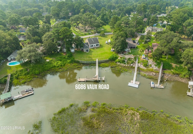 drone / aerial view featuring a water view