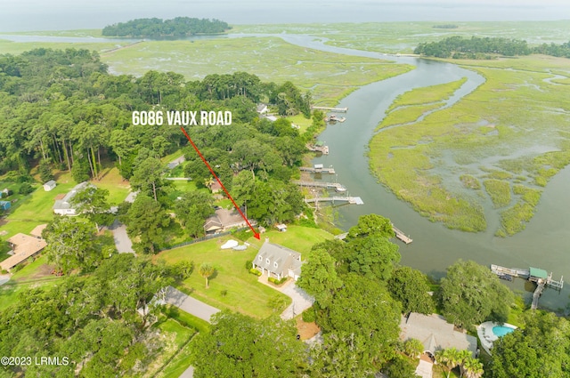 drone / aerial view featuring a water view