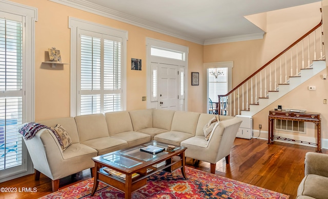 living room with ornamental molding, wood-type flooring, and a healthy amount of sunlight