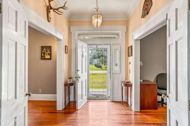 foyer featuring wood-type flooring and ornamental molding