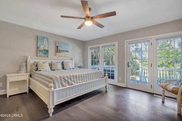 bedroom featuring dark wood-style floors, ceiling fan, baseboards, and access to outside