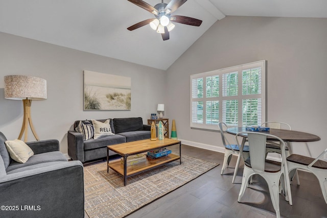 living room with lofted ceiling with beams, baseboards, wood finished floors, and a ceiling fan